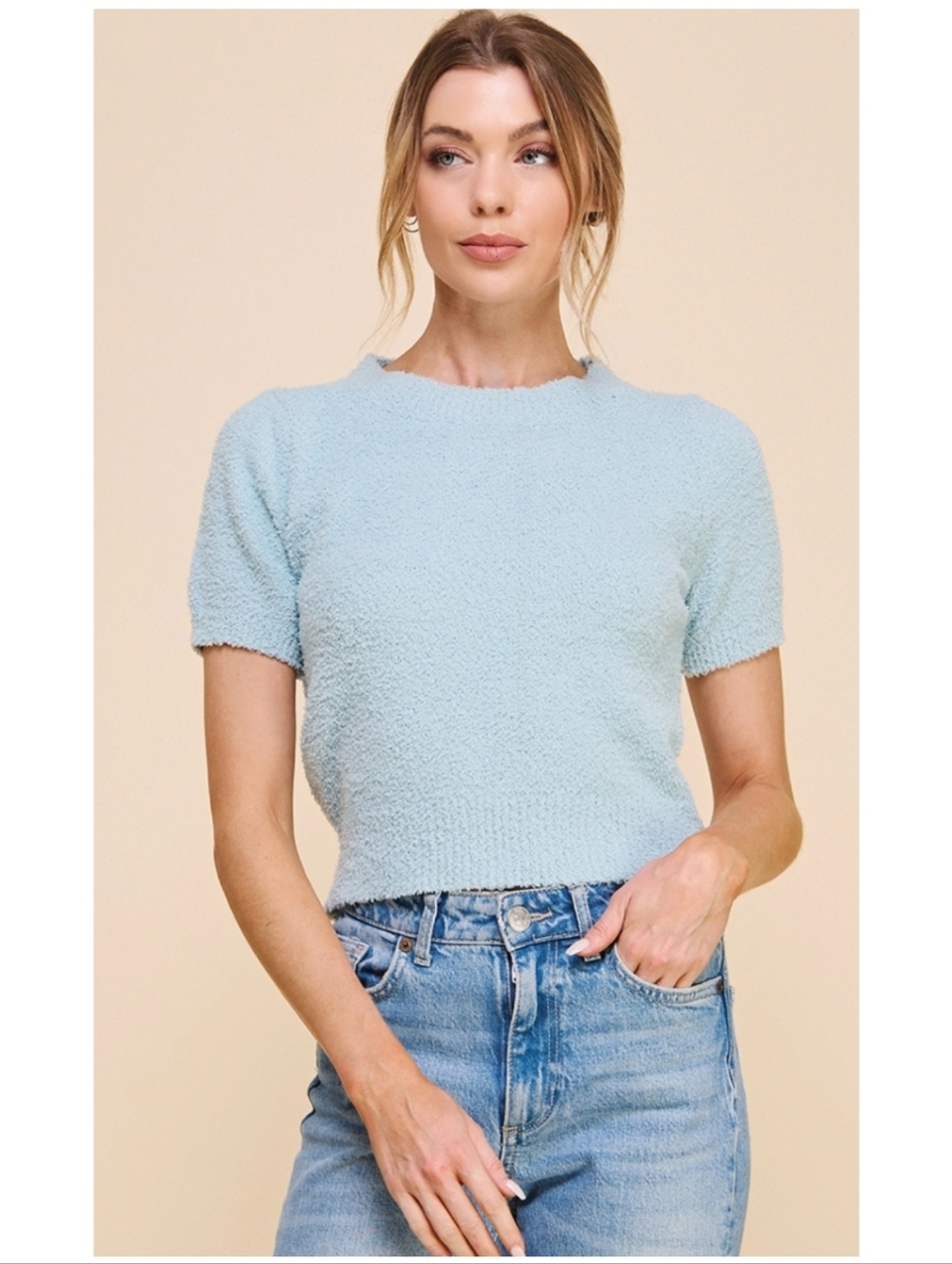 Allie Rose Soft Cloud Short Sleeve Sweater Cropped Top Winter Sky Blue Large